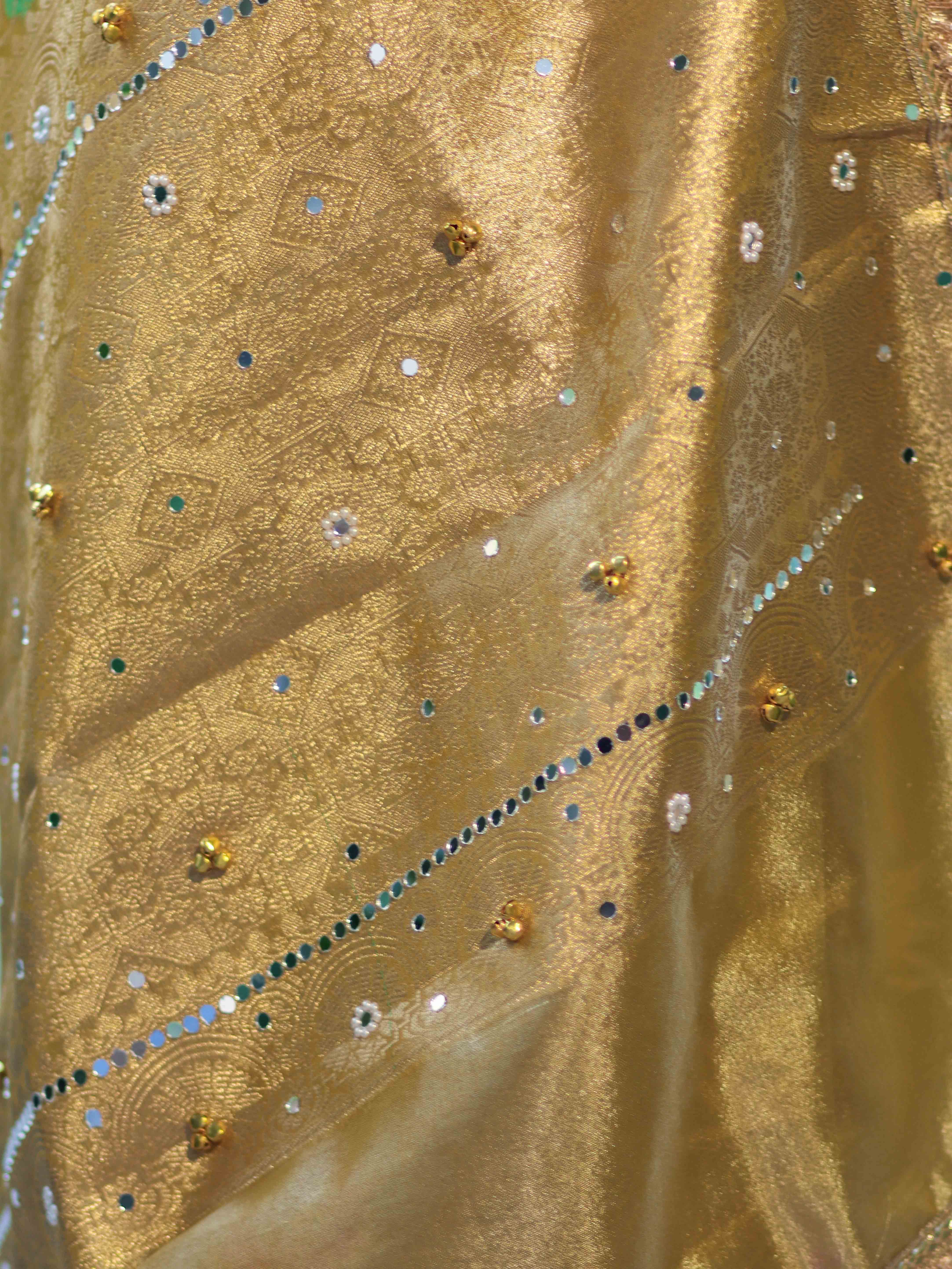 Banarasee Tissue Hand Embroidered Mirror Work Saree With Zari Resham & Ghungroo Work-Yellow