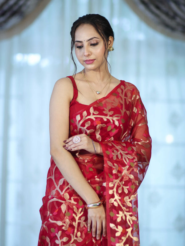 Banarasee Handloom Organza Mix Saree With Zari Woven Design-Maroon
