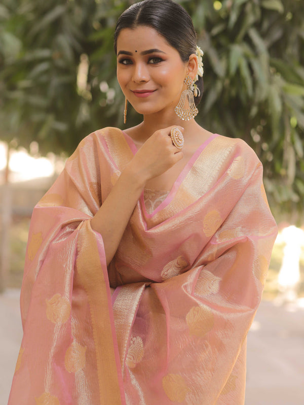 Banarasee Tissue Silk Salwar Kameez Fabric With Duaptta-Pink