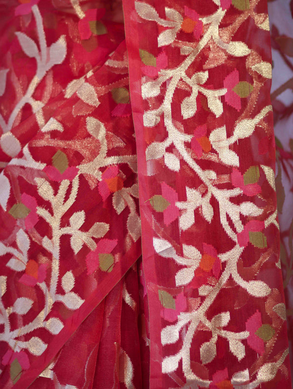 Banarasee Handloom Organza Mix Saree With Zari Woven Design-Maroon
