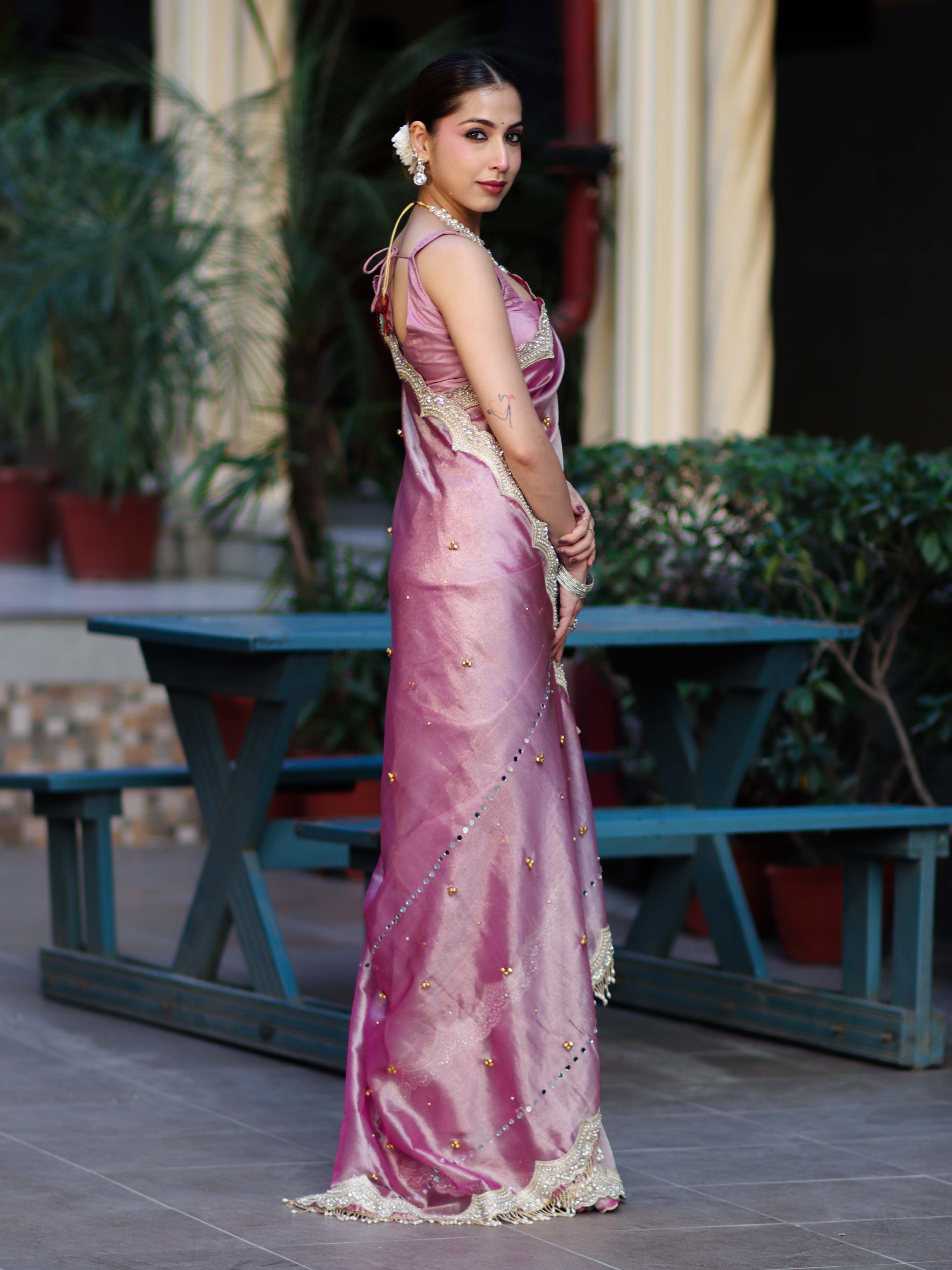 Banarasee Tissue Embroidered Ghungroo Work Saree With Mirror Work & Scallop Lace Border-Pink