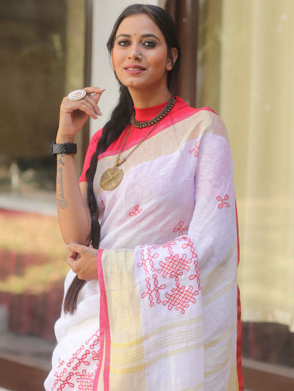 Bhagalpuri Handloom Linen Saree With Embroidery Work-White