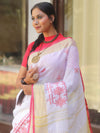 Bhagalpuri Handloom Linen Saree With Embroidery Work-White