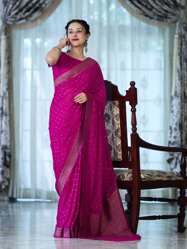 Banarasee Handloom Soft Silk Saree With Antique Zari Buti Design & Border-Magenta