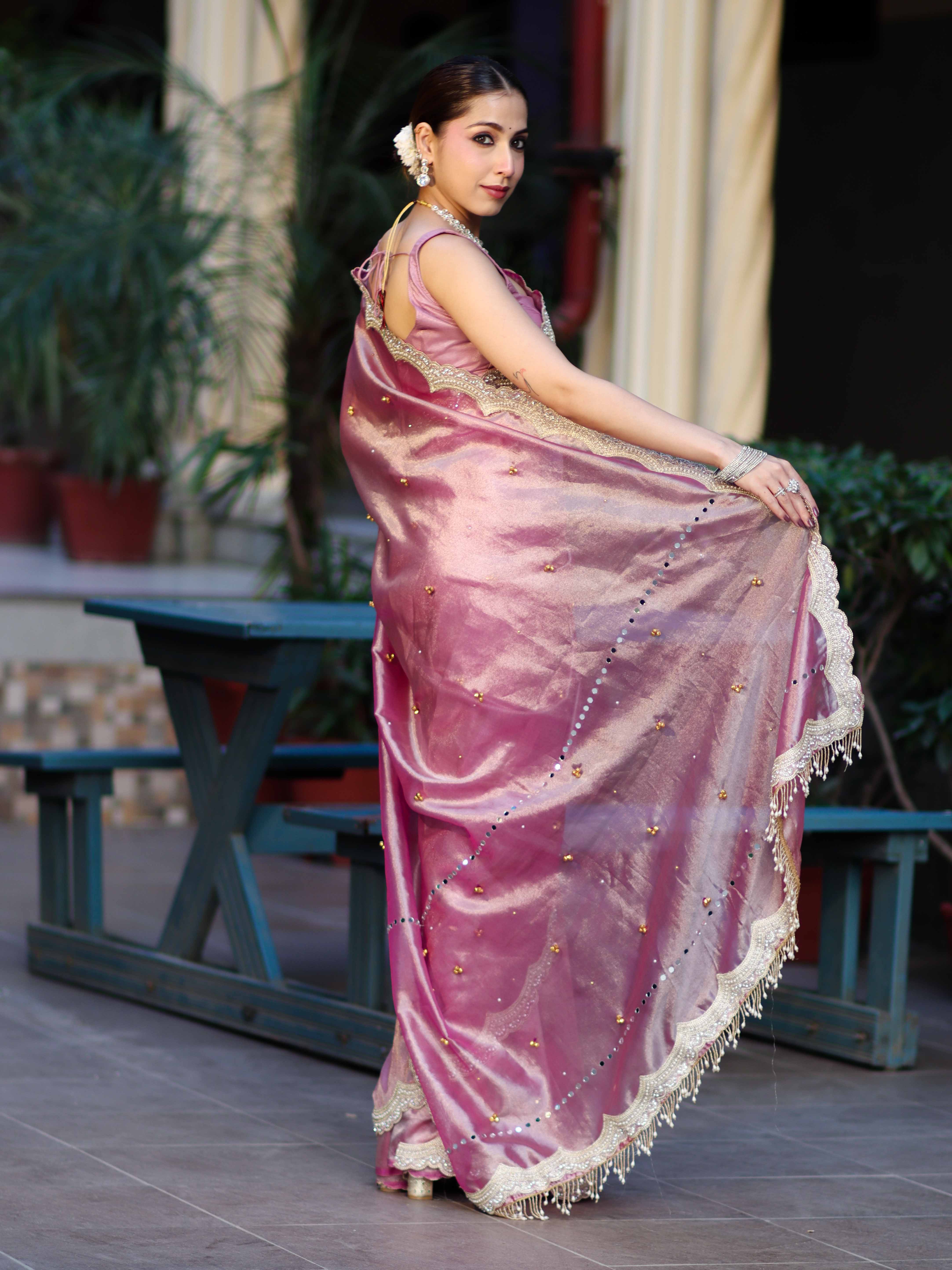 Banarasee Tissue Embroidered Ghungroo Work Saree With Mirror Work & Scallop Lace Border-Pink