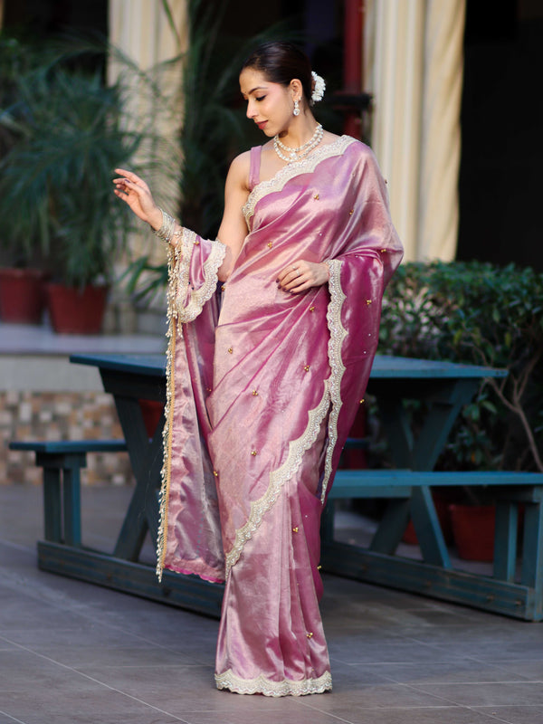 Banarasee Tissue Embroidered Ghungroo Work Saree With Mirror Work & Scallop Lace Border-Pink