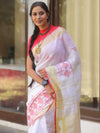 Bhagalpuri Handloom Linen Saree With Embroidery Work-White