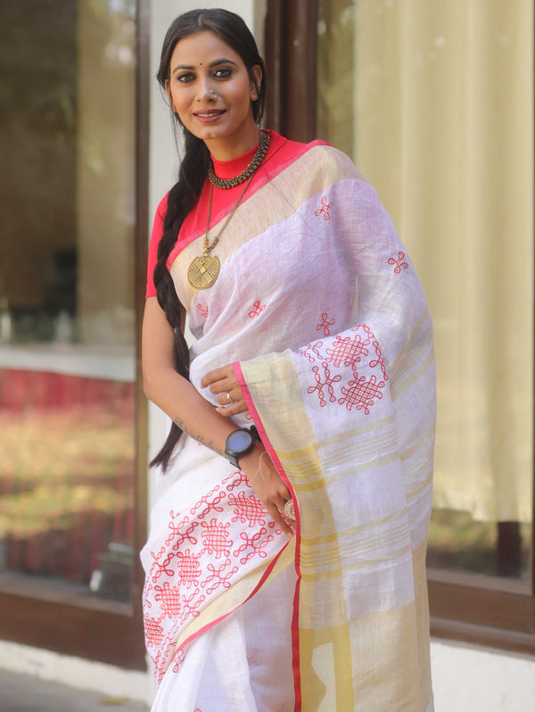 Bhagalpuri Handloom Linen Saree With Embroidery Work-White