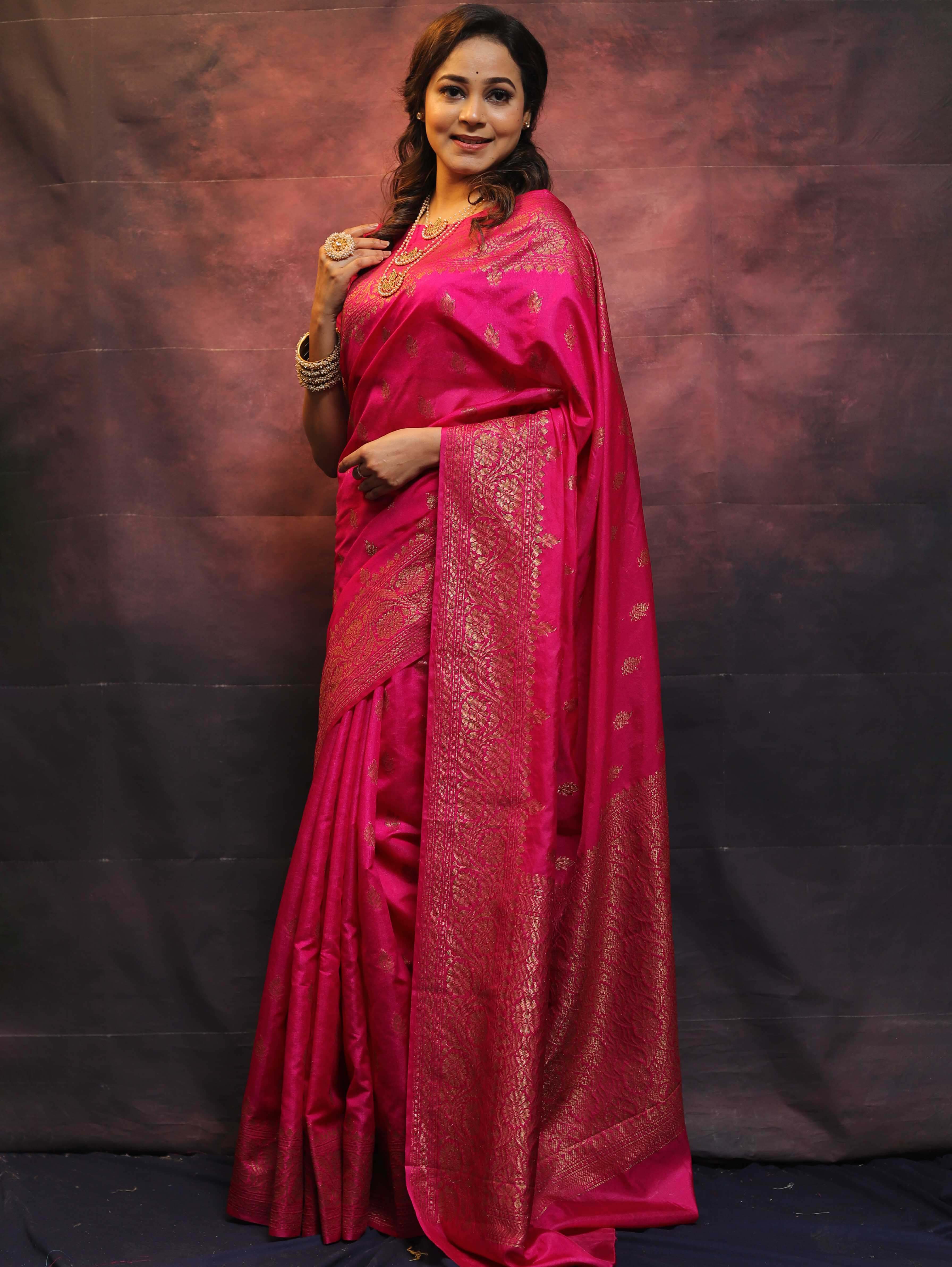 Banarasee Semi-Chiffon Saree With Antique Gold Zari Work-Pink