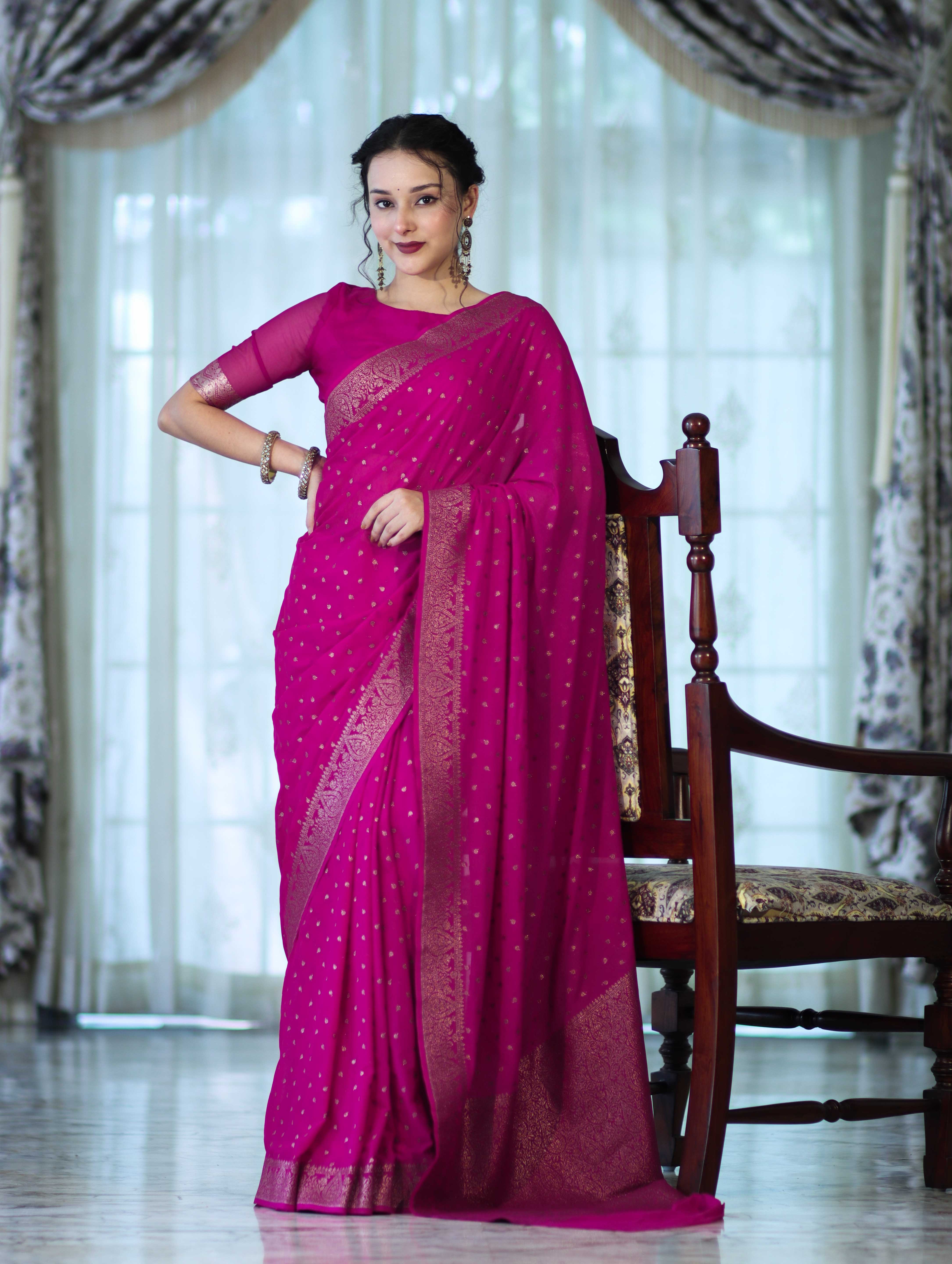 Banarasee Handloom Soft Silk Saree With Antique Zari Buti Design & Border-Magenta