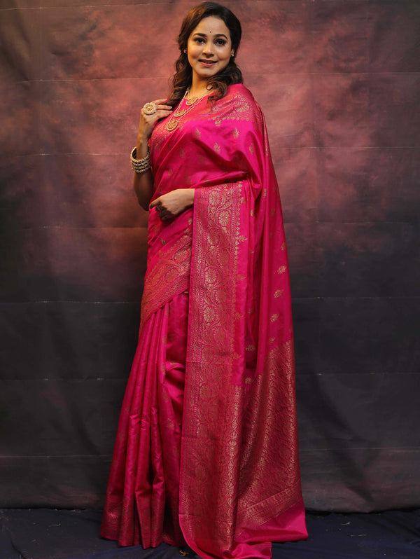 Banarasee Semi-Chiffon Saree With Antique Gold Zari Work-Pink