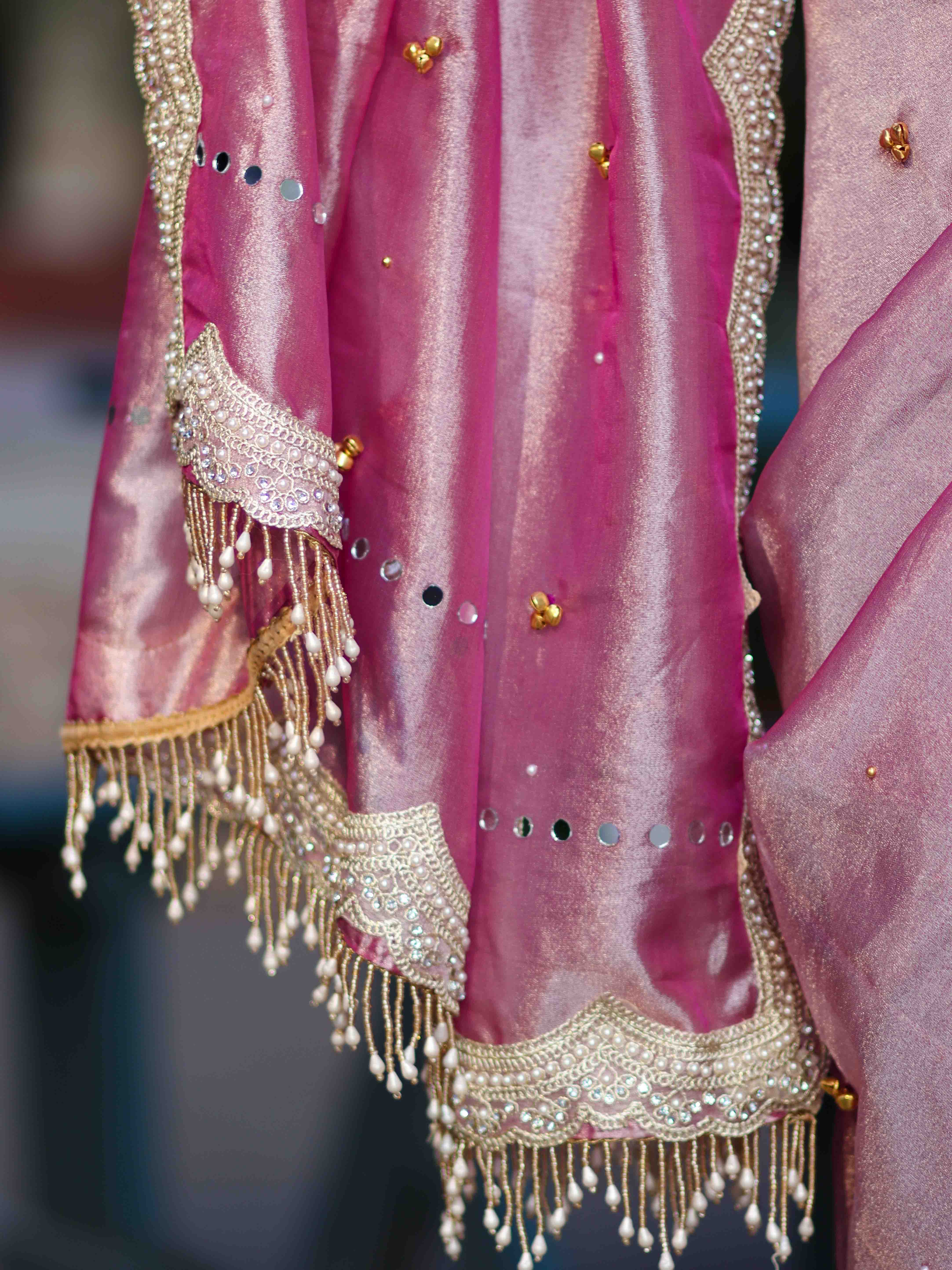 Banarasee Tissue Embroidered Ghungroo Work Saree With Mirror Work & Scallop Lace Border-Pink
