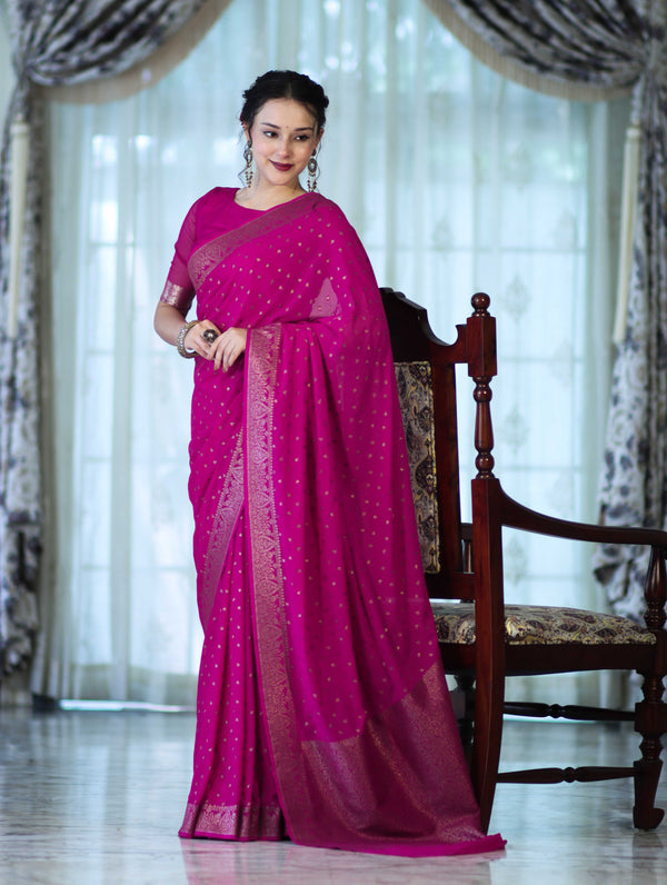 Banarasee Handloom Soft Silk Saree With Antique Zari Buti Design & Border-Magenta