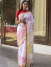 Bhagalpuri Handloom Linen Saree With Embroidery Work-White