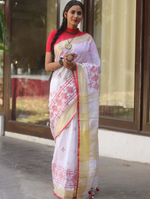 Bhagalpuri Handloom Linen Saree With Embroidery Work-White