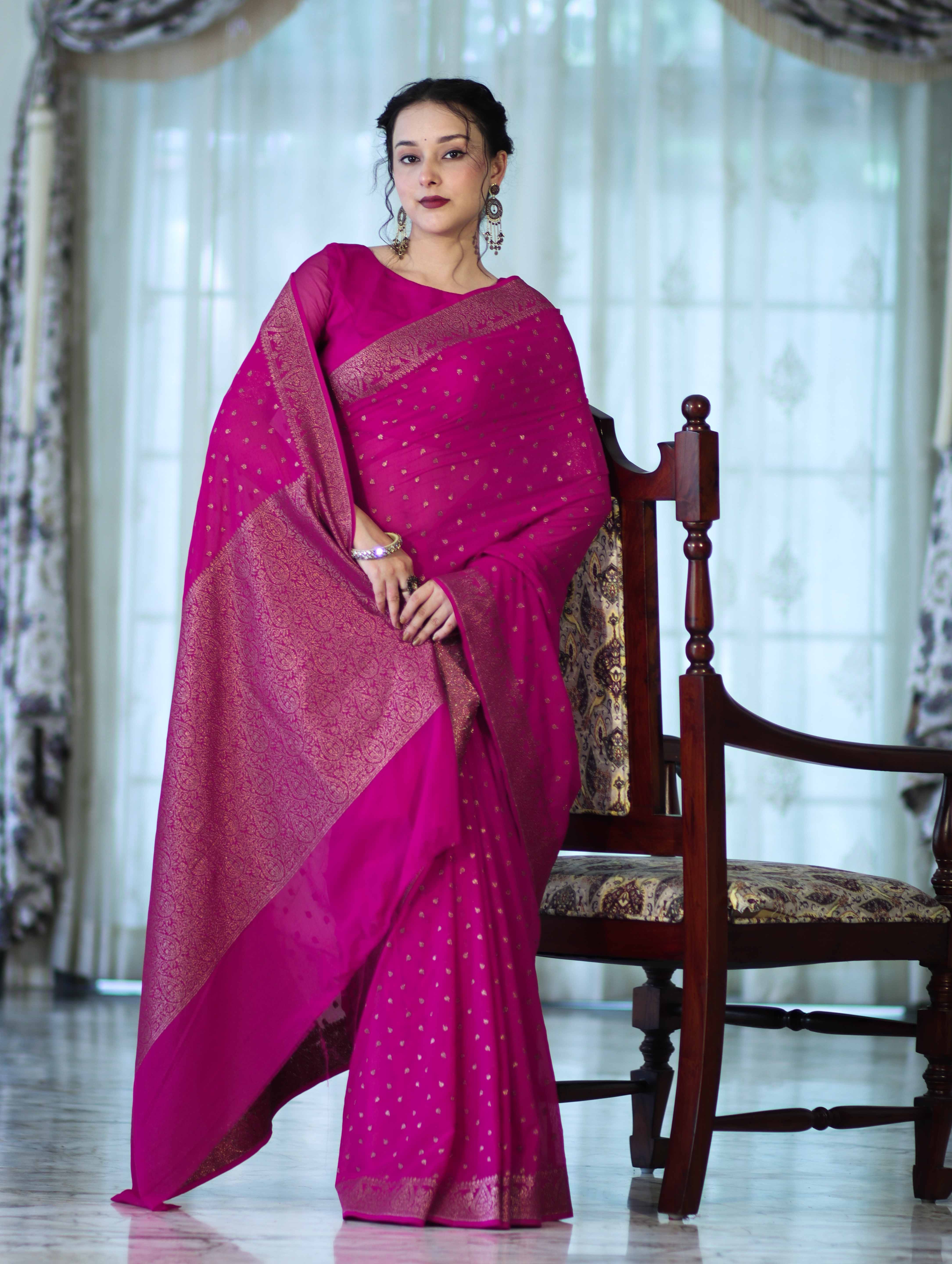 Banarasee Handloom Soft Silk Saree With Antique Zari Buti Design & Border-Magenta