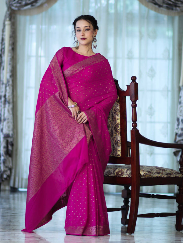 Banarasee Handloom Soft Silk Saree With Antique Zari Buti Design & Border-Magenta