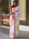 Bhagalpuri Handloom Linen Saree With Embroidery Work-White
