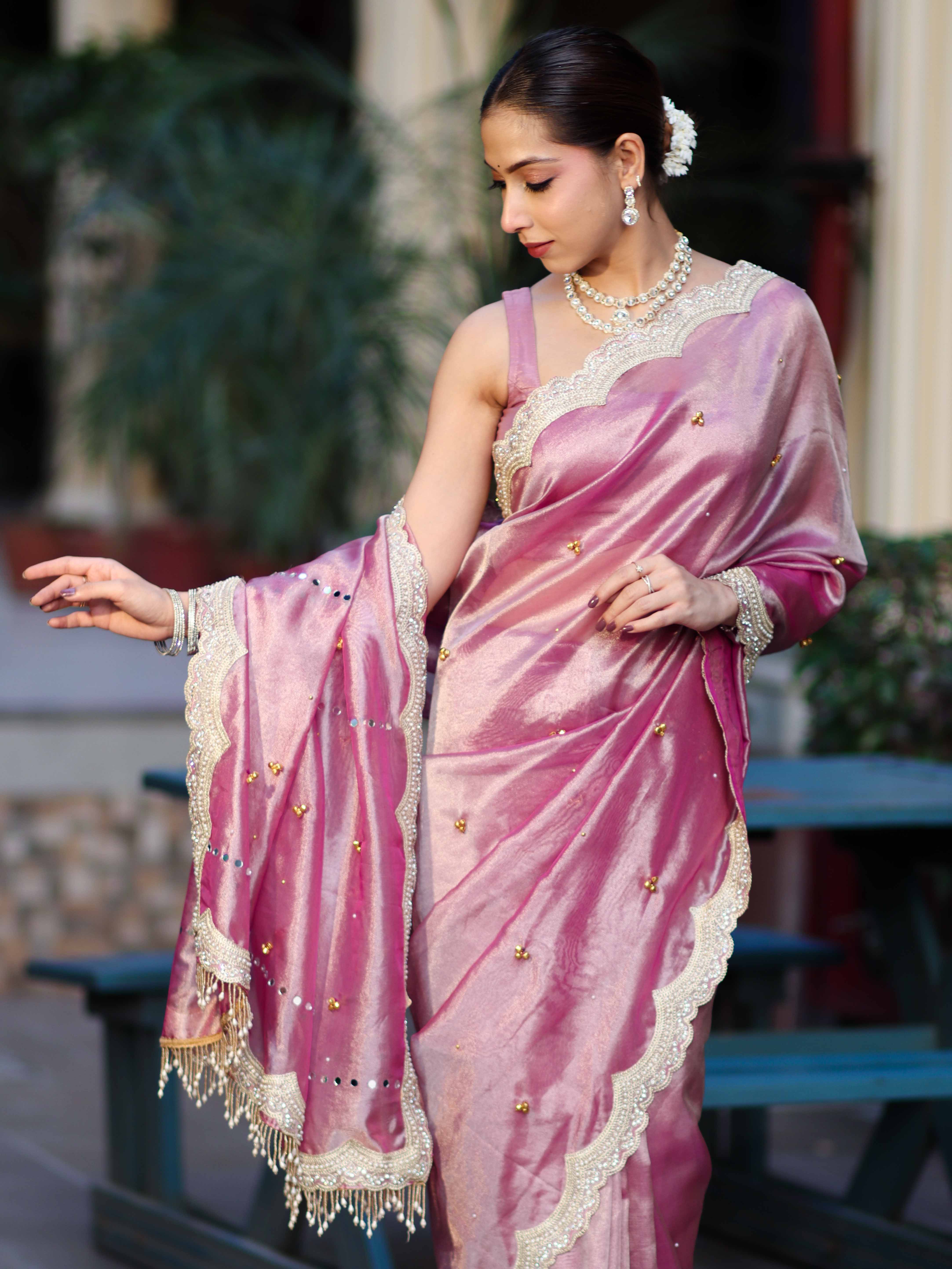 Banarasee Tissue Embroidered Ghungroo Work Saree With Mirror Work & Scallop Lace Border-Pink