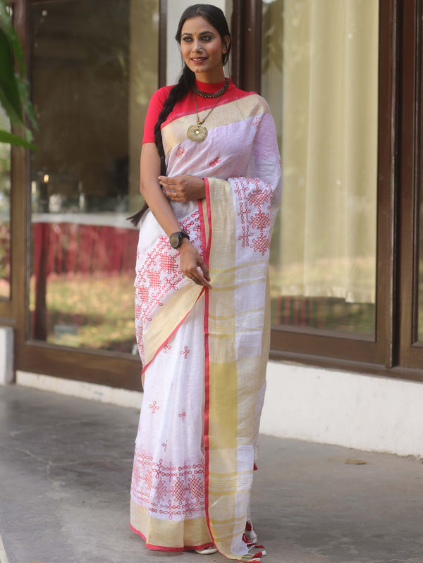 Bhagalpuri Handloom Linen Saree With Embroidery Work-White