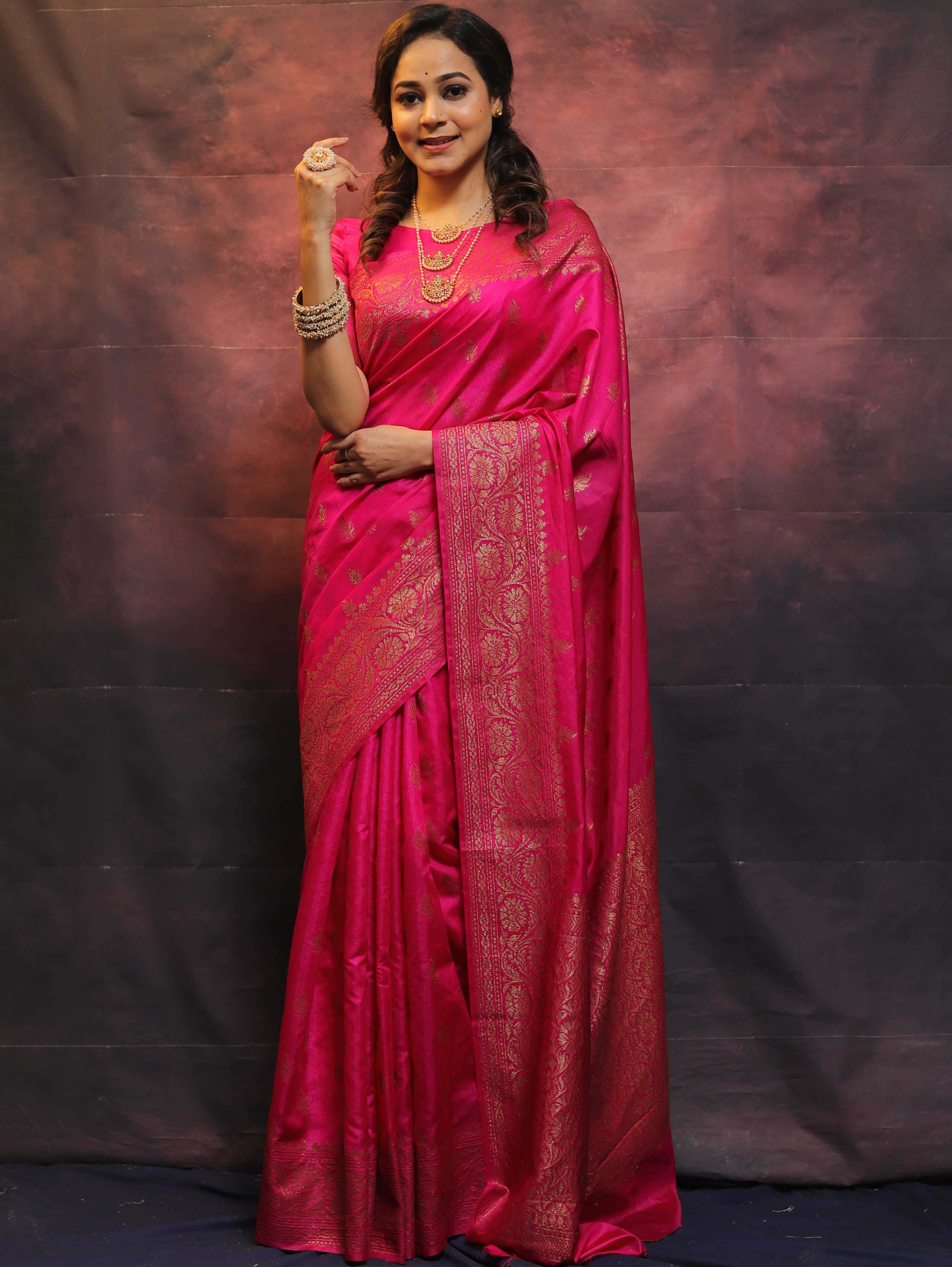 Banarasee Semi-Chiffon Saree With Antique Gold Zari Work-Pink