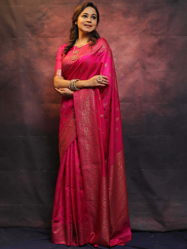 Banarasee Semi-Chiffon Saree With Antique Gold Zari Work-Pink