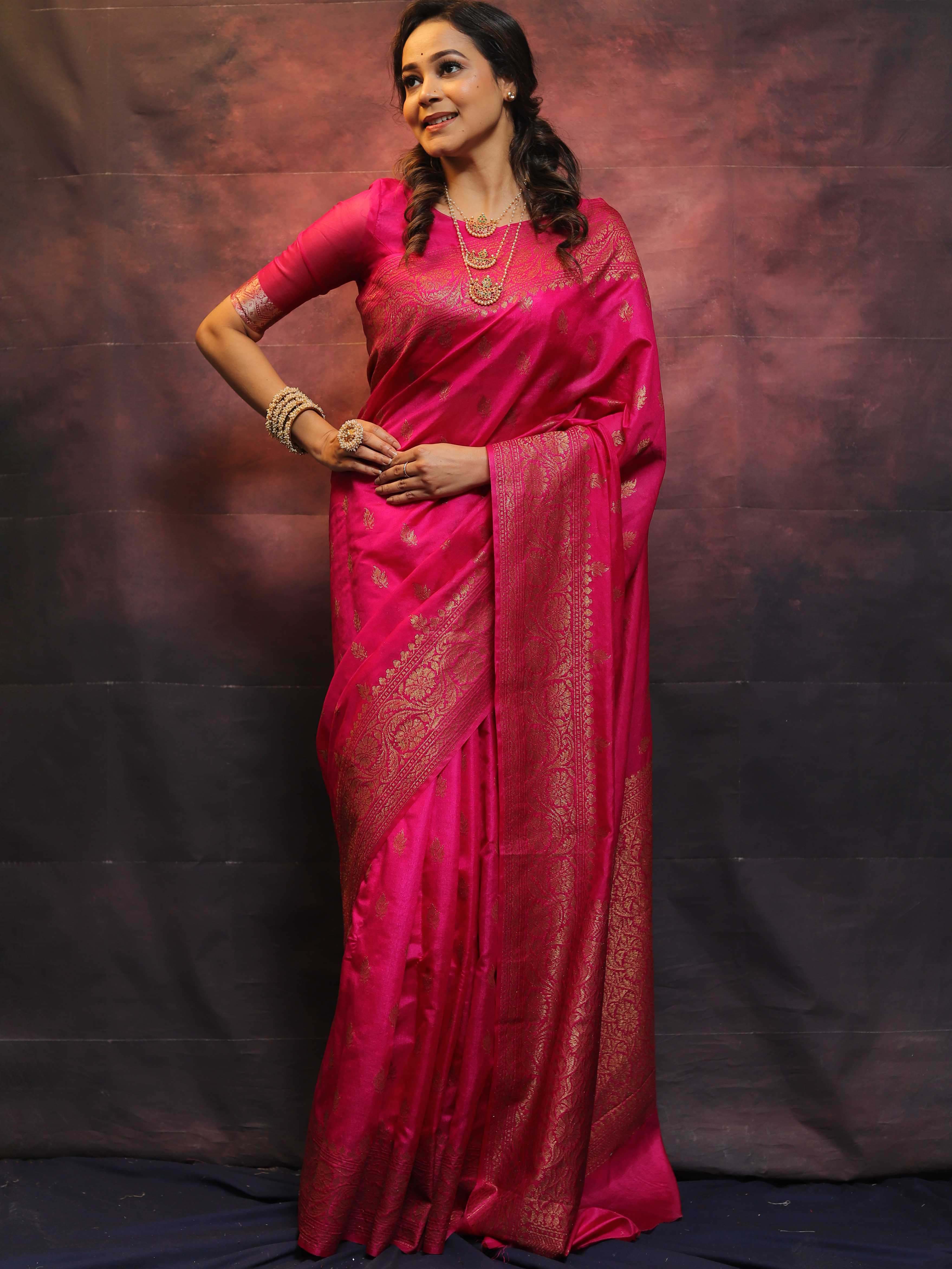 Banarasee Semi-Chiffon Saree With Antique Gold Zari Work-Pink