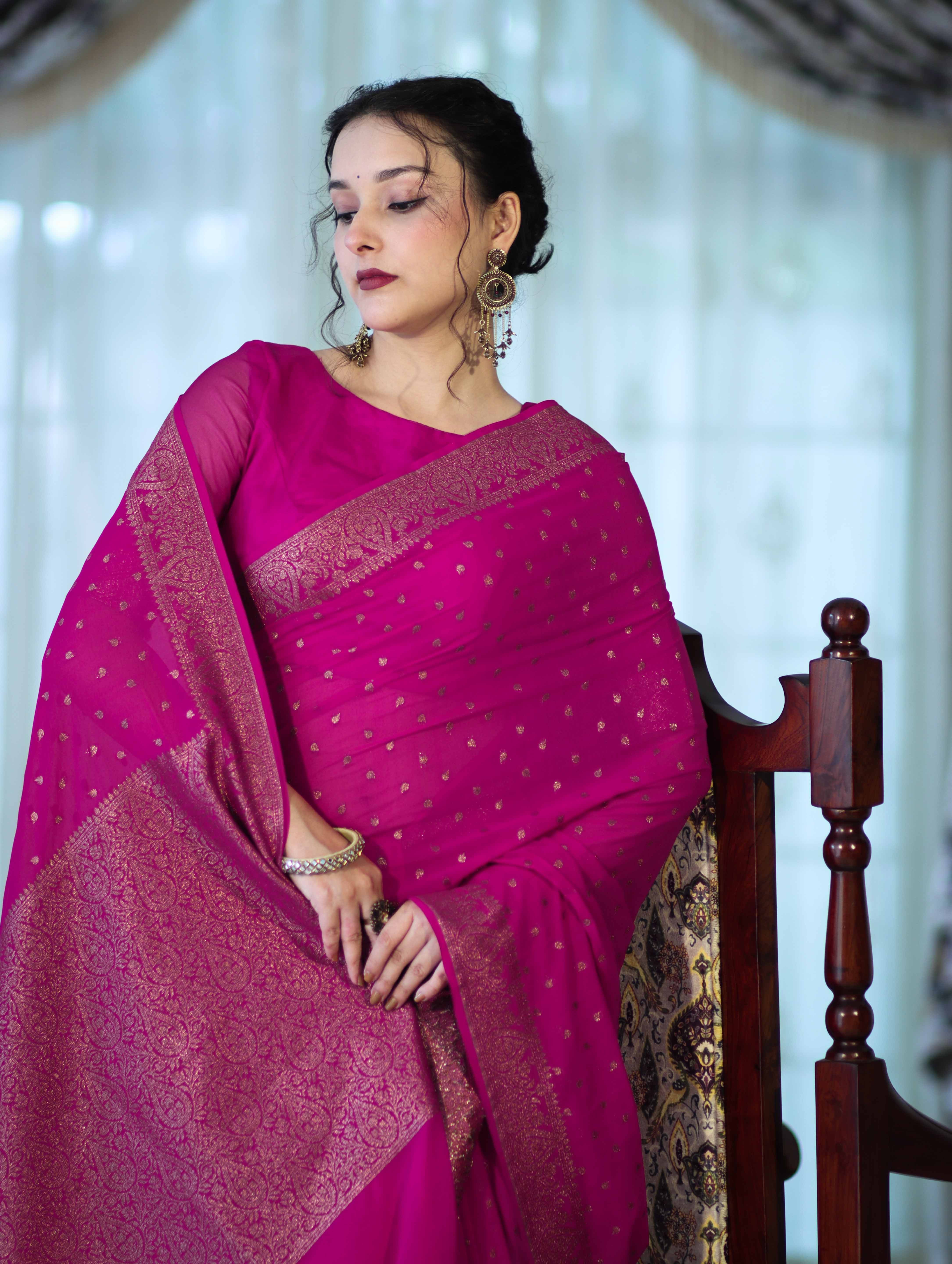 Banarasee Handloom Soft Silk Saree With Antique Zari Buti Design & Border-Magenta