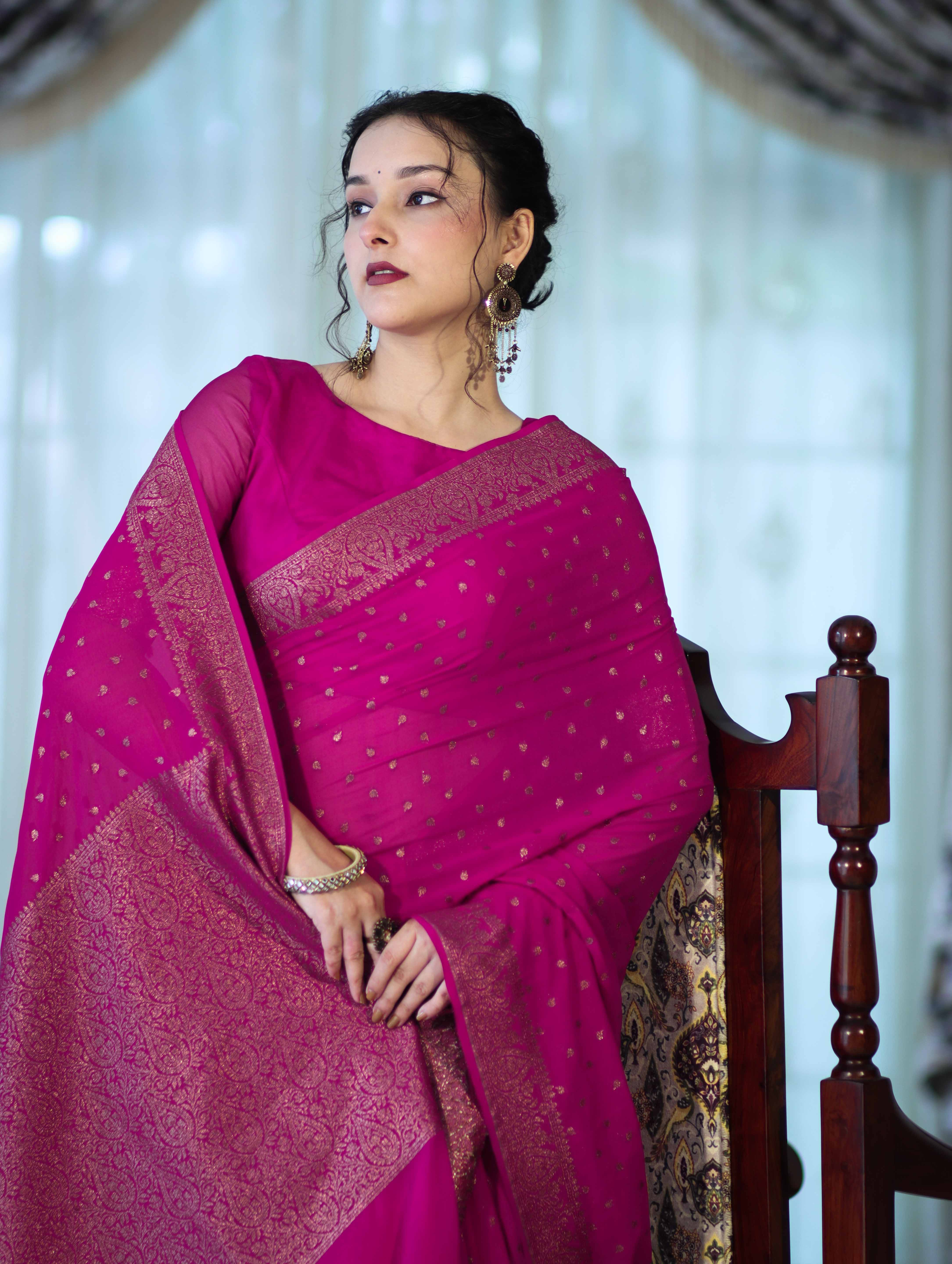 Banarasee Handloom Soft Silk Saree With Antique Zari Buti Design & Border-Magenta