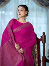 Banarasee Handloom Soft Silk Saree With Antique Zari Buti Design & Border-Magenta