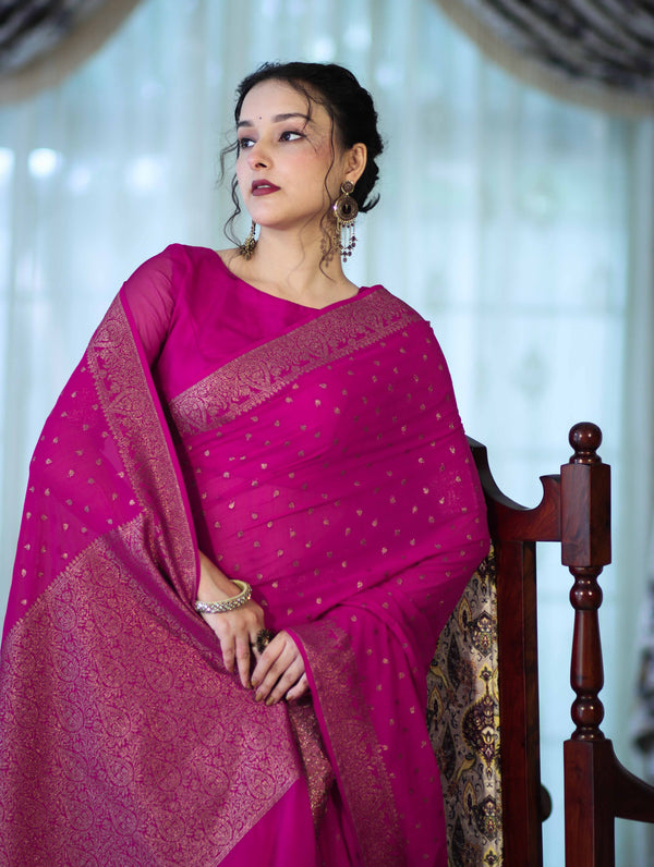Banarasee Handloom Soft Silk Saree With Antique Zari Buti Design & Border-Magenta