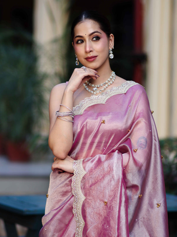 Banarasee Tissue Embroidered Ghungroo Work Saree With Mirror Work & Scallop Lace Border-Pink