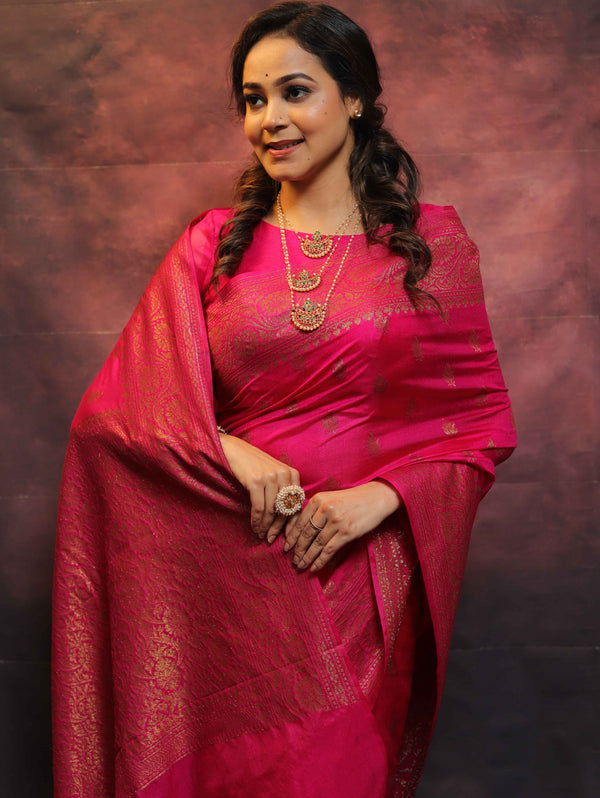 Banarasee Semi-Chiffon Saree With Antique Gold Zari Work-Pink