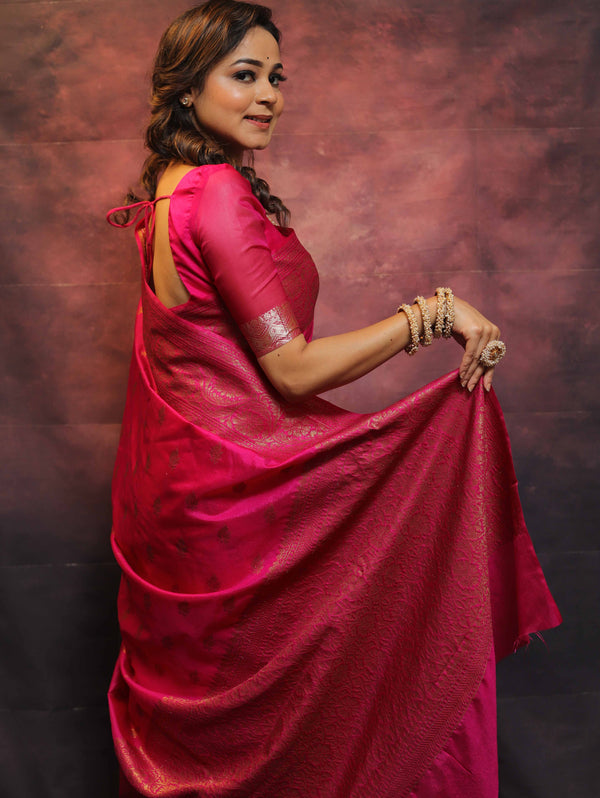 Banarasee Semi-Chiffon Saree With Antique Gold Zari Work-Pink