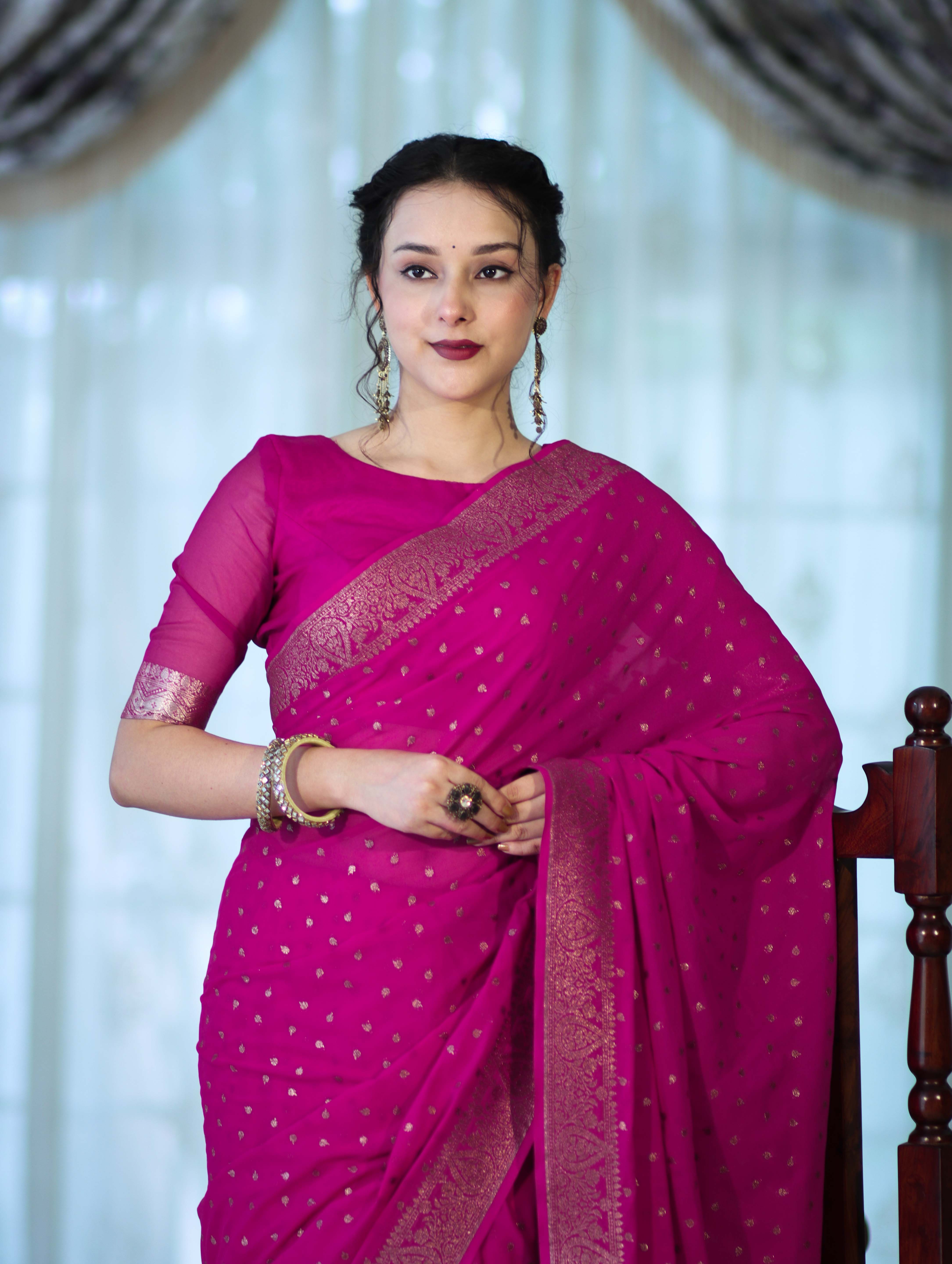 Banarasee Handloom Soft Silk Saree With Antique Zari Buti Design & Border-Magenta