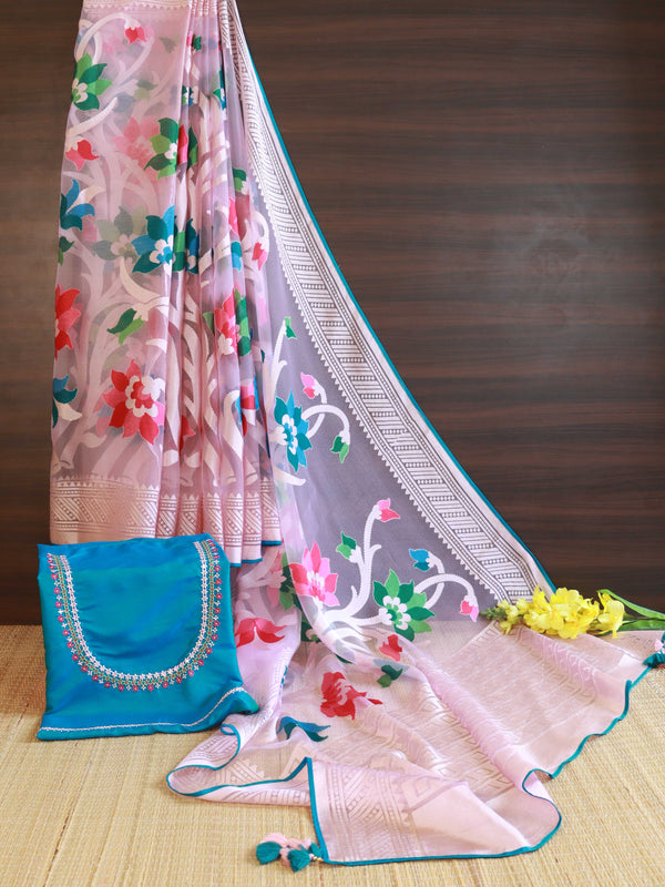 Banarasee Handwoven Jaal Design Organza Tissue Saree With Silk Embroidered Blouse-Pink Purple