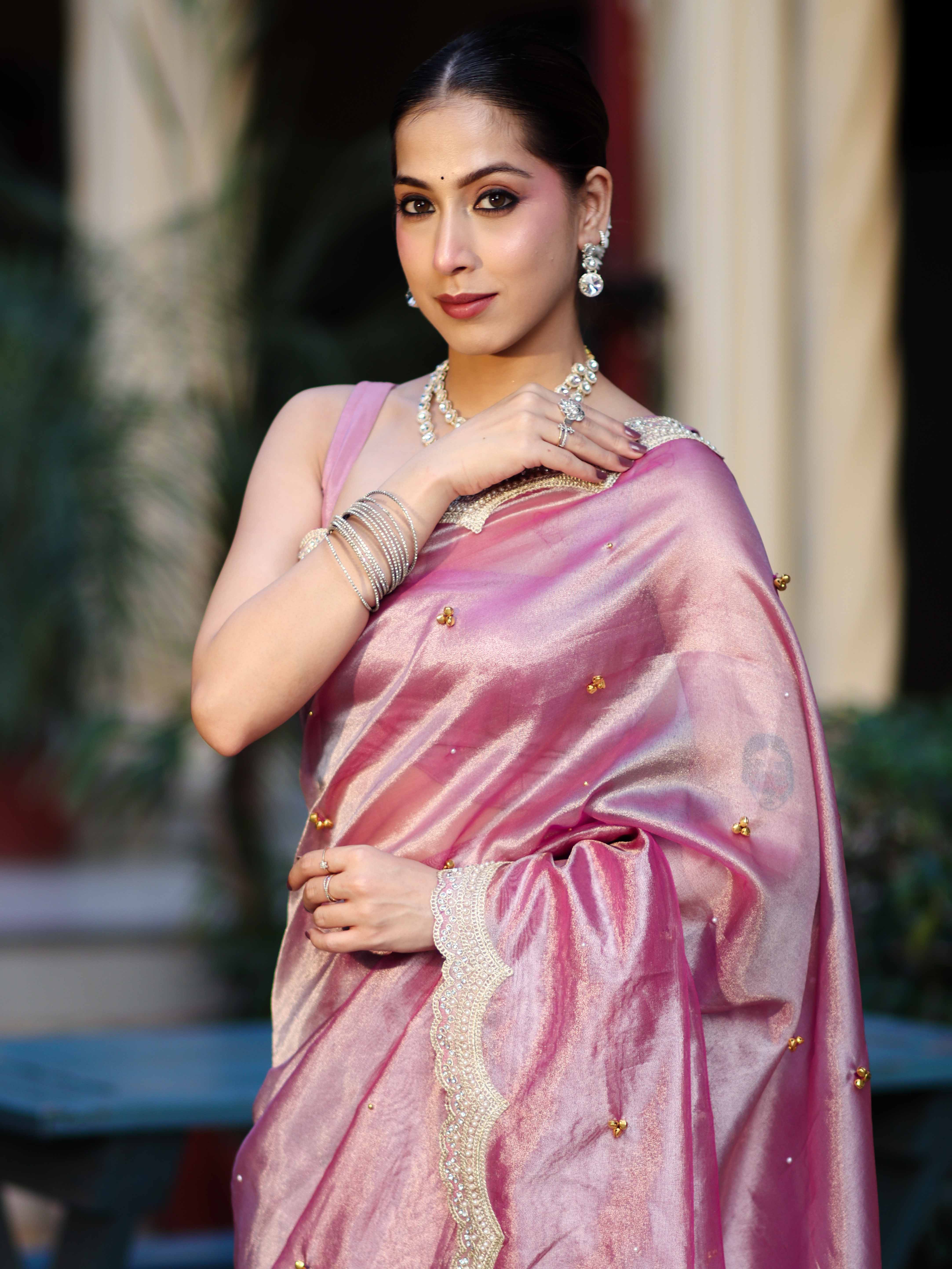 Banarasee Tissue Embroidered Ghungroo Work Saree With Mirror Work & Scallop Lace Border-Pink