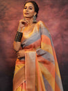 Banarasee Handwoven Semi Silk Saree With Handpainted Striped Design-Multicolor