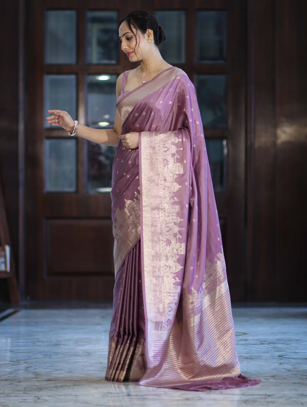 Banarasee Handloom Soft Silk Saree With Diya Design & Ganga Ghat Zari Border-Pastel Pink