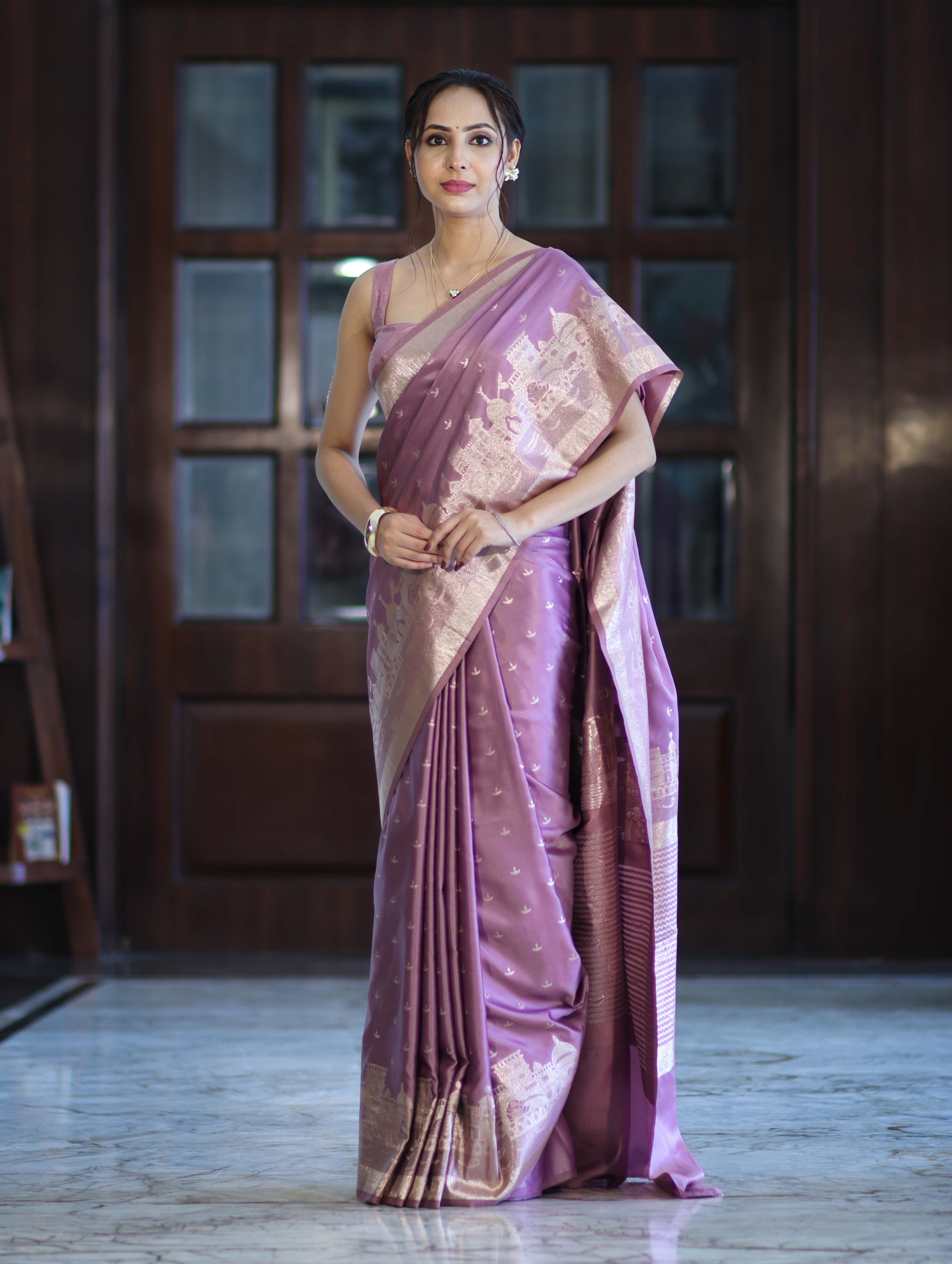 Banarasee Handloom Soft Silk Saree With Diya Design & Ganga Ghat Zari Border-Pastel Pink