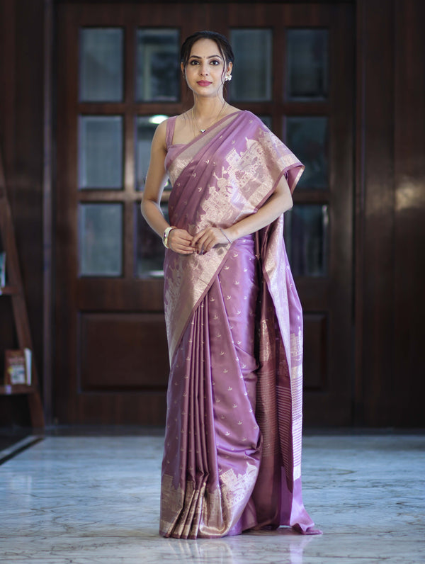 Banarasee Handloom Soft Silk Saree With Diya Design & Ganga Ghat Zari Border-Pastel Pink