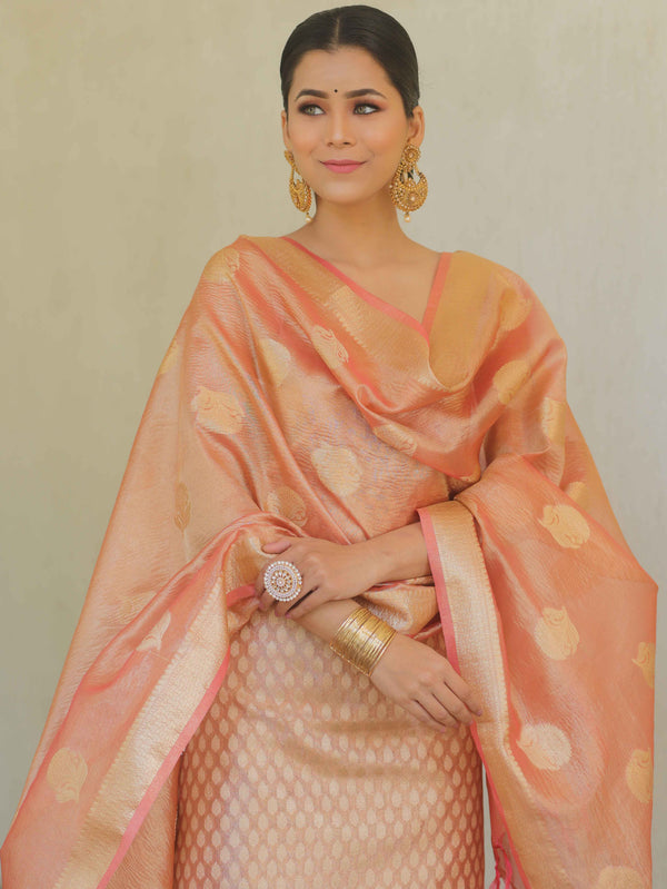 Banarasee Tissue Silk Salwar Kameez Fabric With Dupatta-Peach