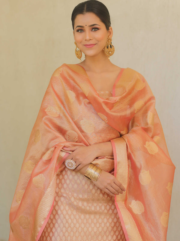 Banarasee Tissue Silk Salwar Kameez Fabric With Dupatta-Peach