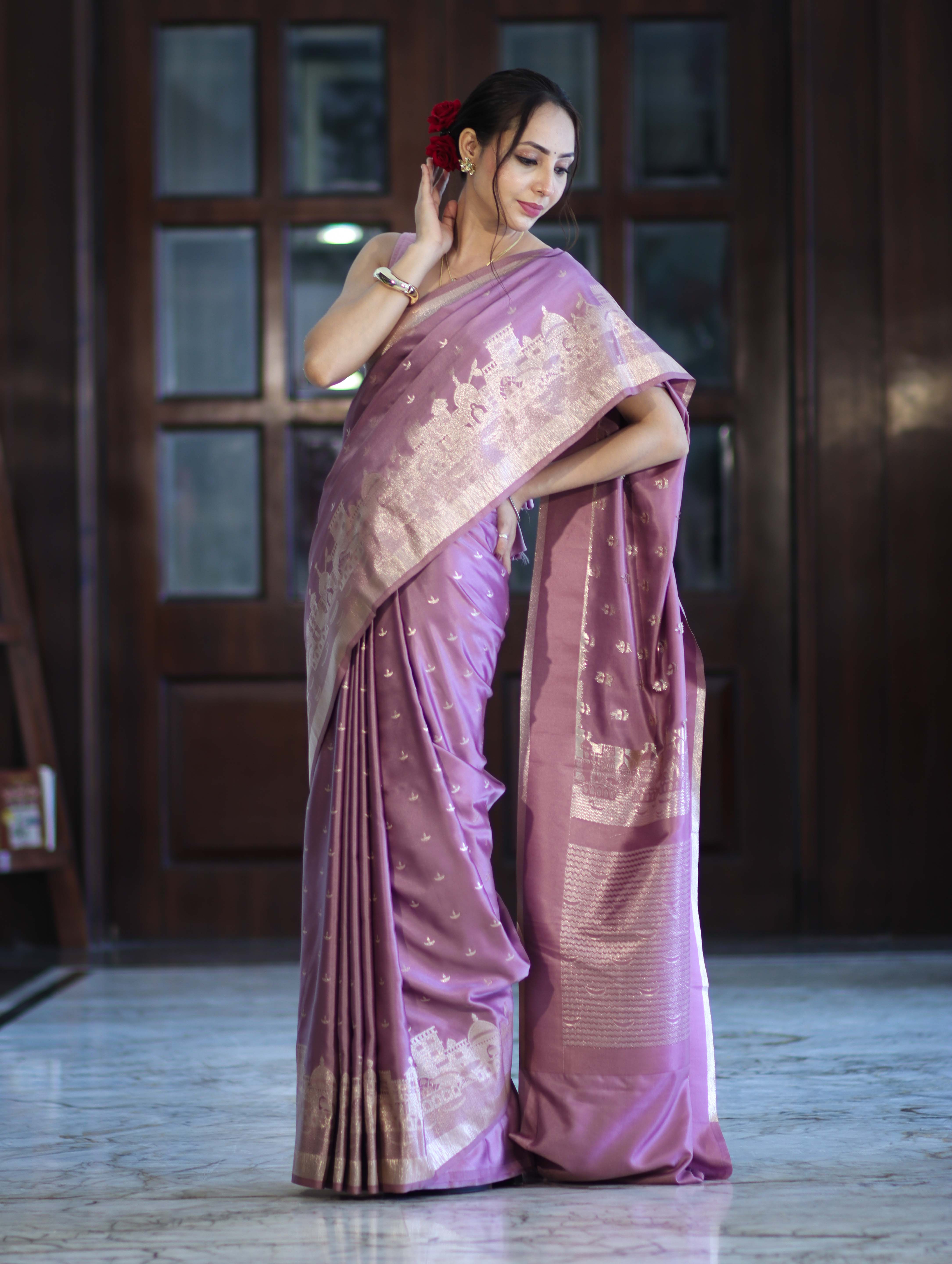 Banarasee Handloom Soft Silk Saree With Diya Design & Ganga Ghat Zari Border-Pastel Pink