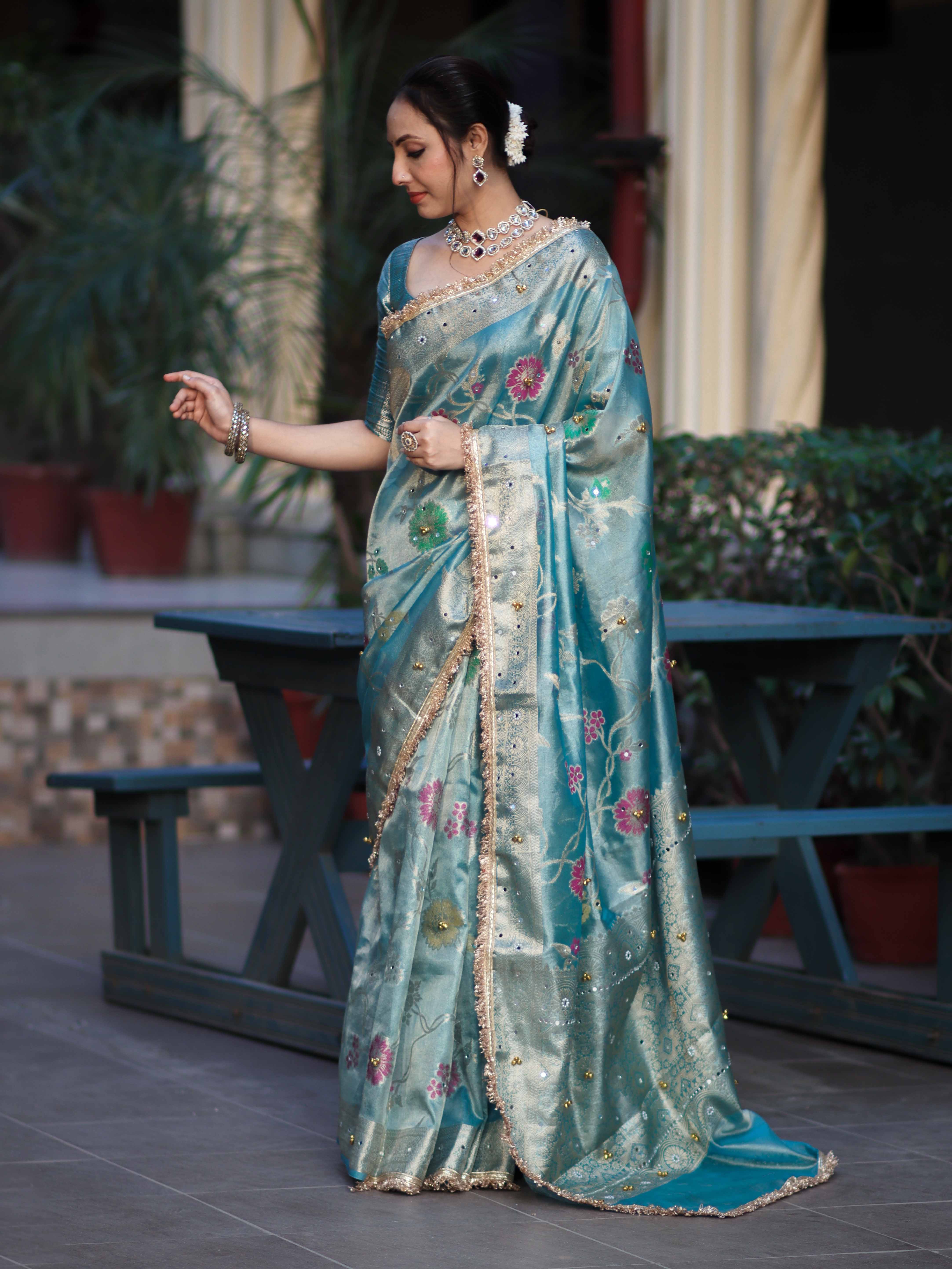 Banarasee Tissue Hand Embroidered Mirror Work Saree With Zari Resham & Ghungroo Work-Light Blue