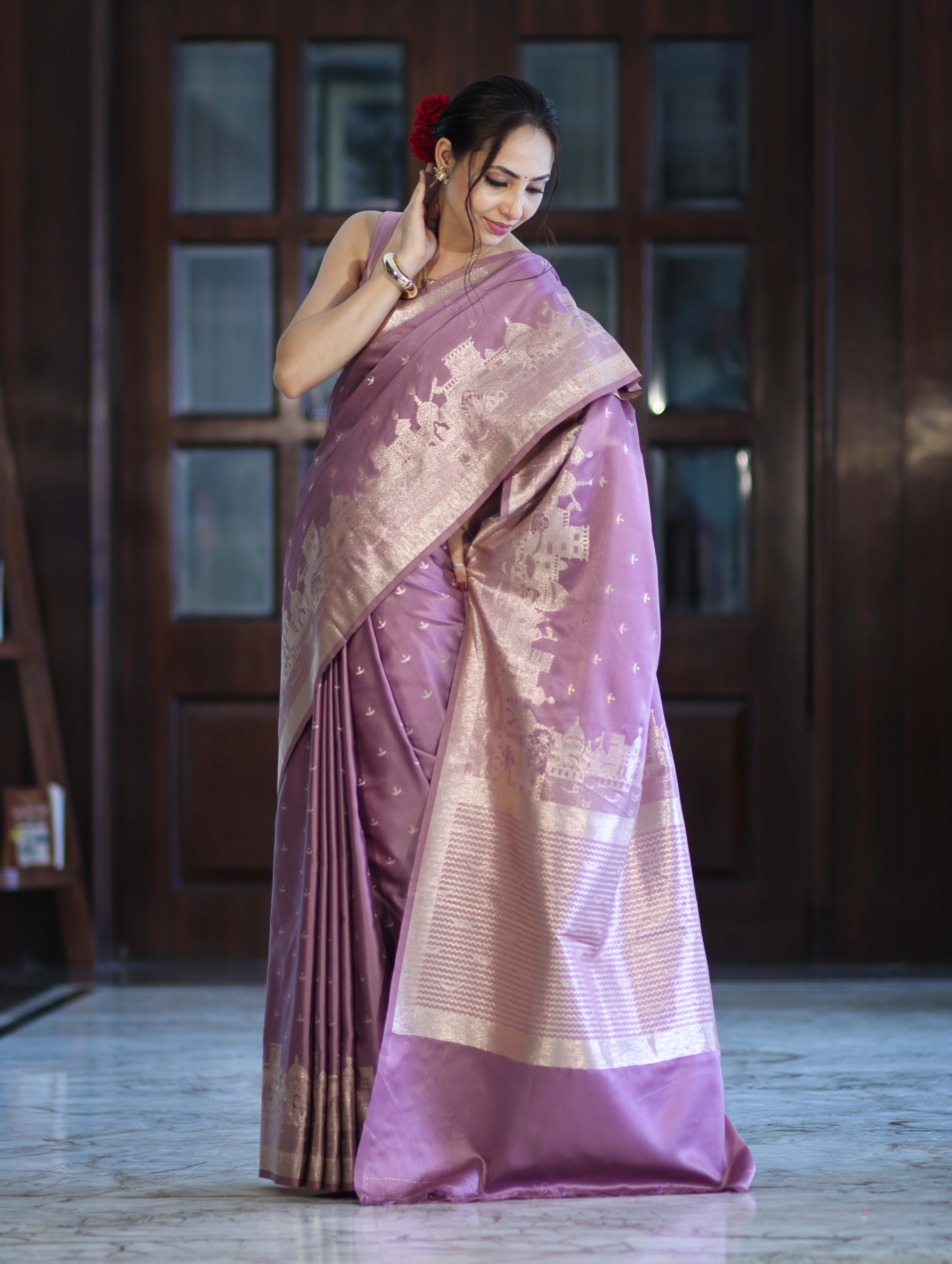 Banarasee Handloom Soft Silk Saree With Diya Design & Ganga Ghat Zari Border-Pastel Pink