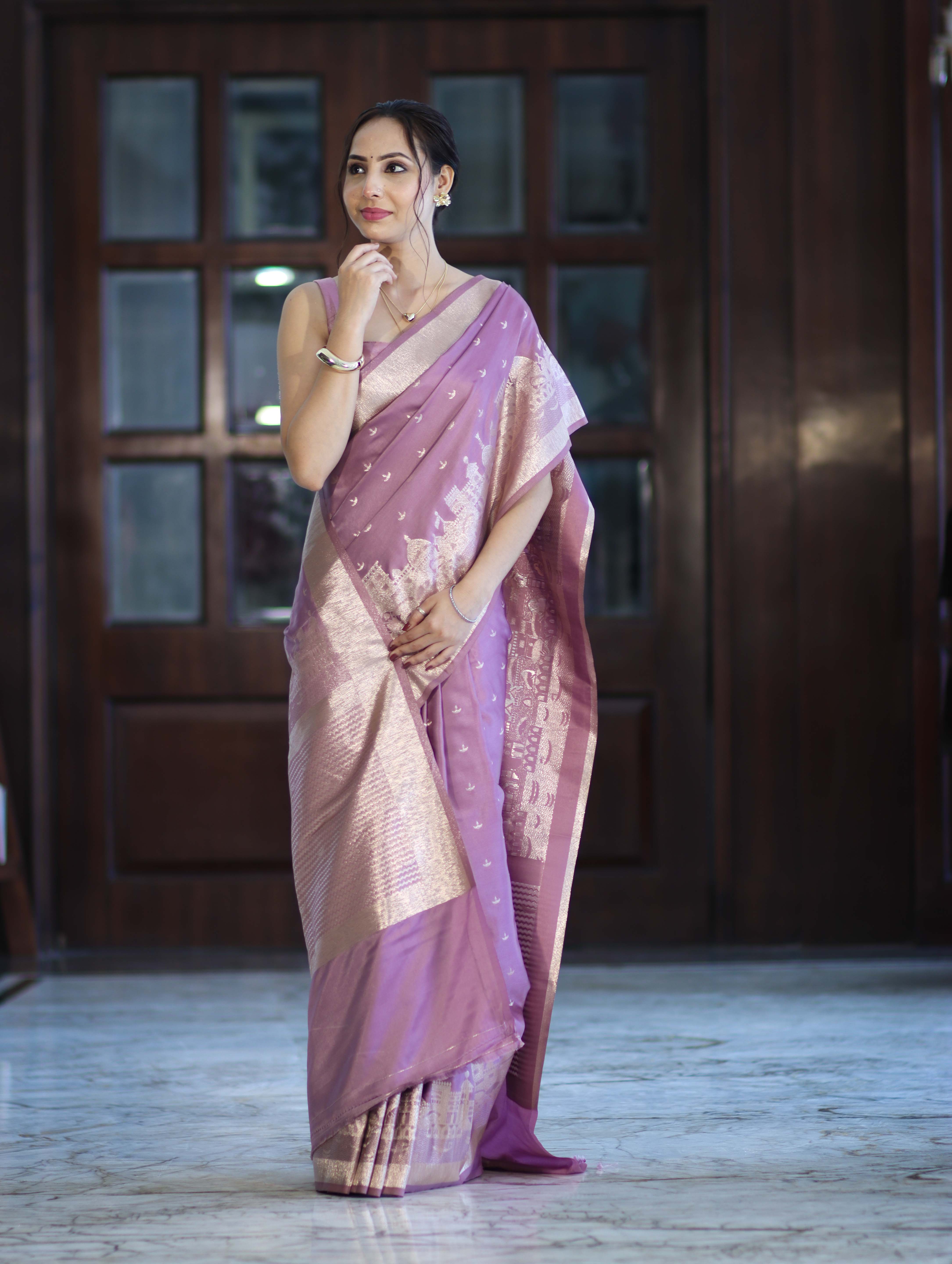 Banarasee Handloom Soft Silk Saree With Diya Design & Ganga Ghat Zari Border-Pastel Pink