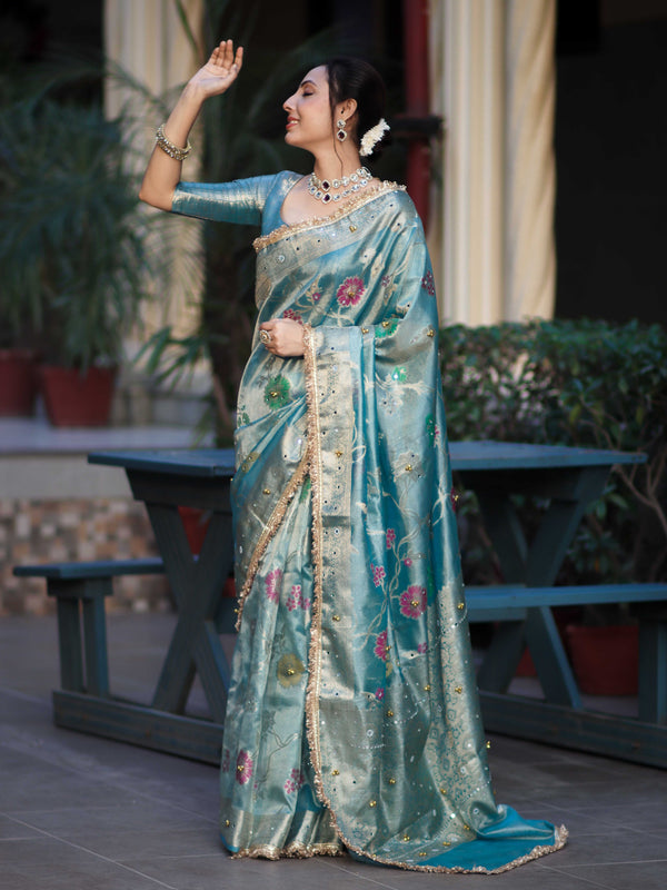 Banarasee Tissue Hand Embroidered Mirror Work Saree With Zari Resham & Ghungroo Work-Light Blue