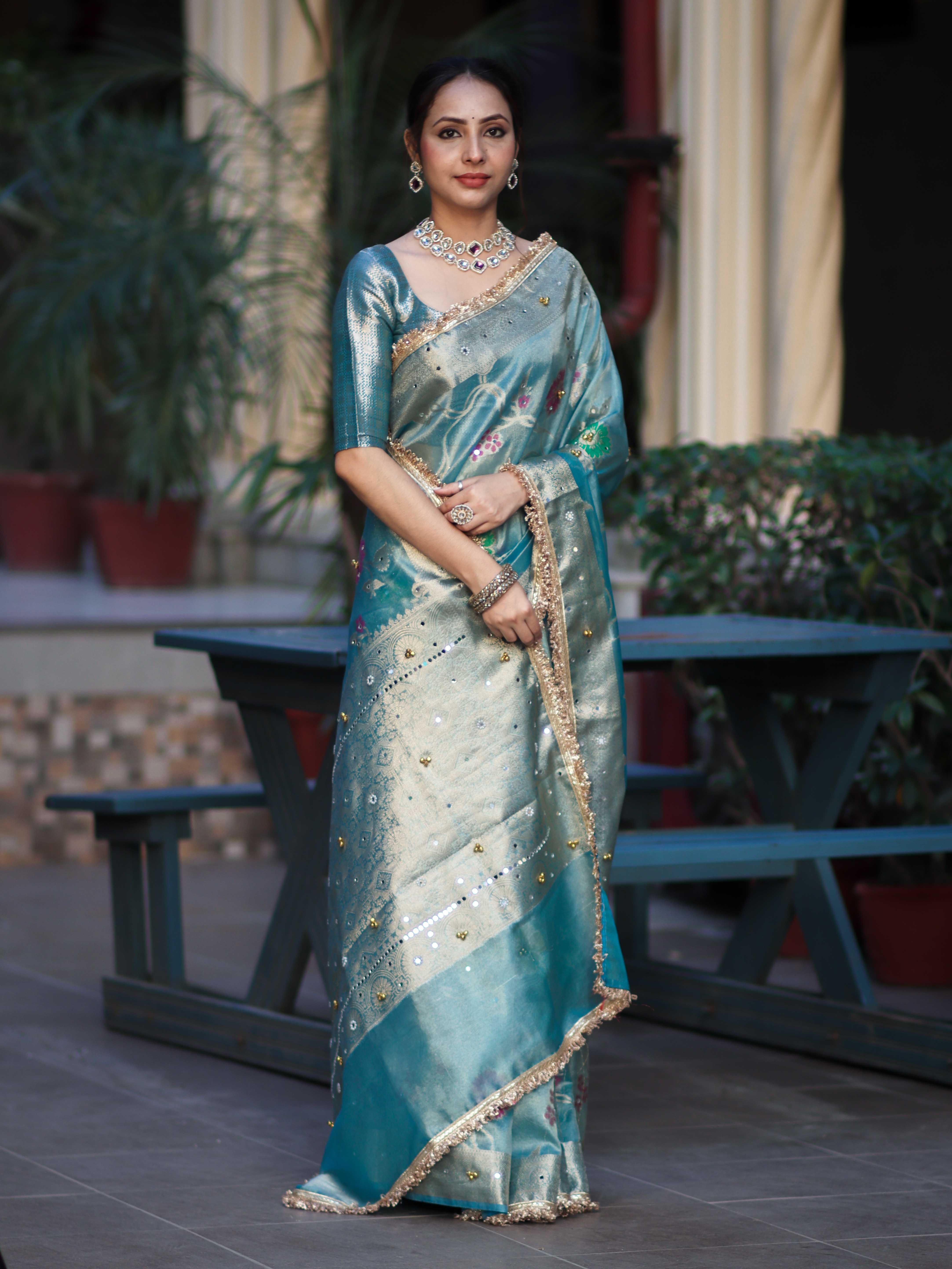 Banarasee Tissue Hand Embroidered Mirror Work Saree With Zari Resham & Ghungroo Work-Light Blue