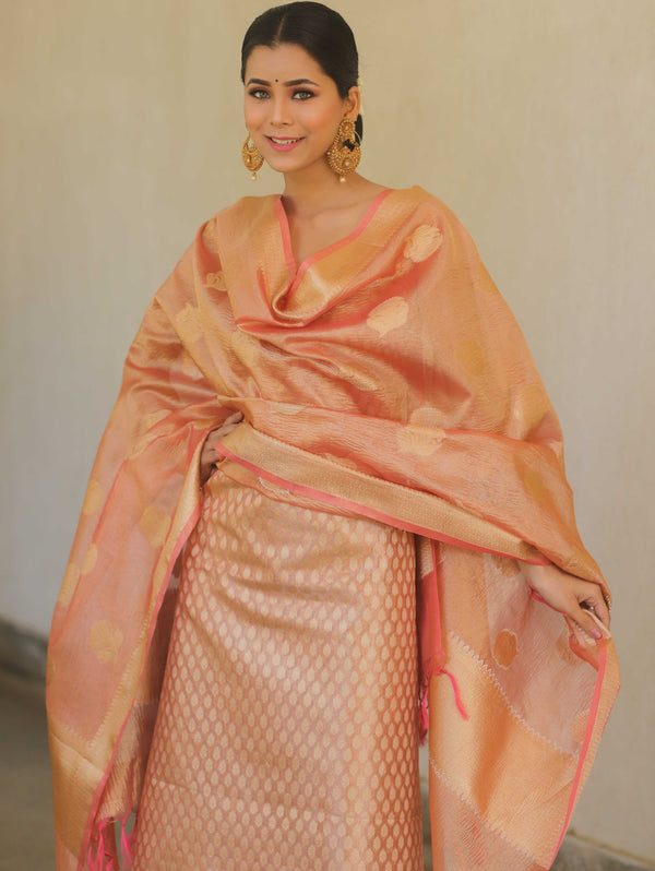 Banarasee Tissue Silk Salwar Kameez Fabric With Duaptta-Peach